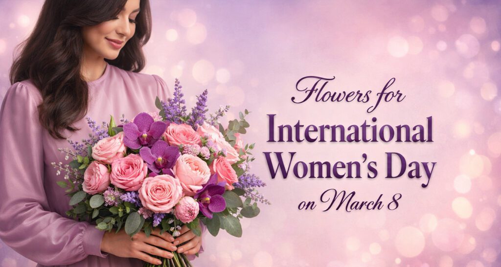 Elegant purple and pink flower bouquet for International Women’s Day on March 8, symbolizing strength and appreciation.