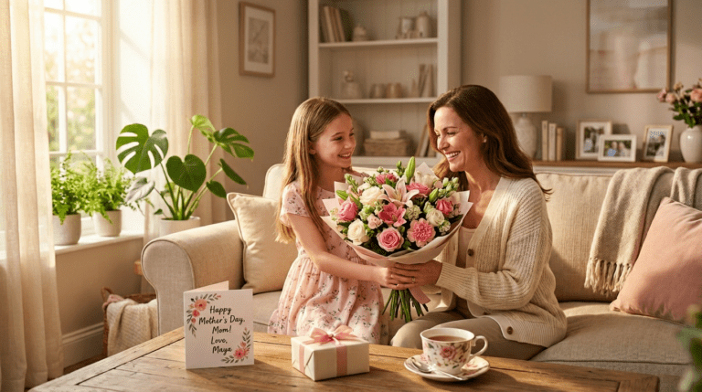 Mother’s Day 2026 flower gift ideas with beautiful bouquet and gifts for mom