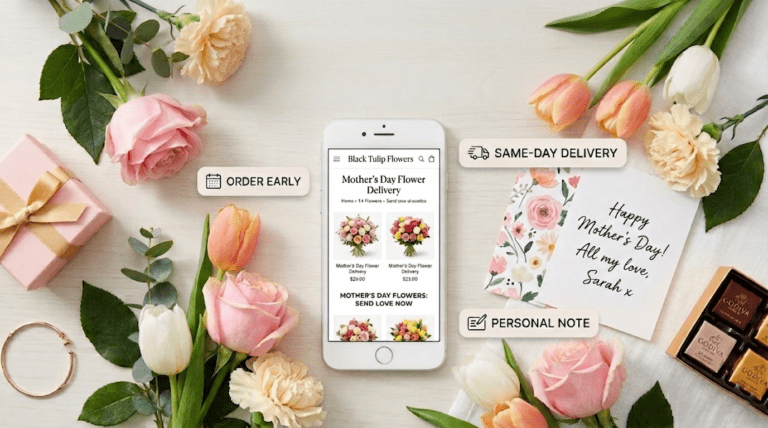 Online flower delivery tips for Mother’s Day with smartphone and floral arrangements