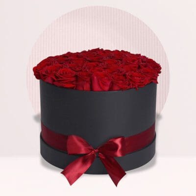 Red Roses in Black Round Box
