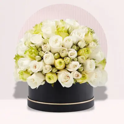 Signature Box of White and Green Roses