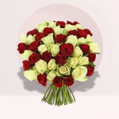 50 Red and White Roses with Hand Tied Bouquet