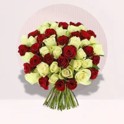50 Red and White Roses with Hand Tied Bouquet