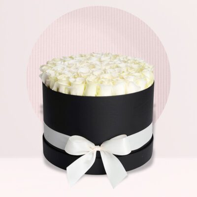 White Roses in Black Round Box