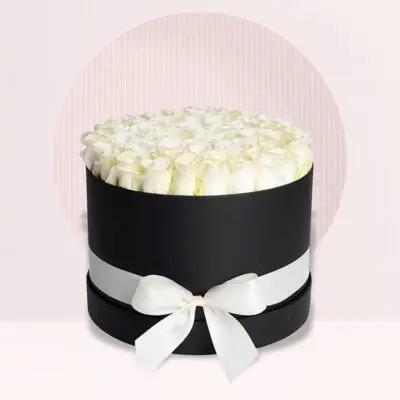 White Roses in Black Round Box