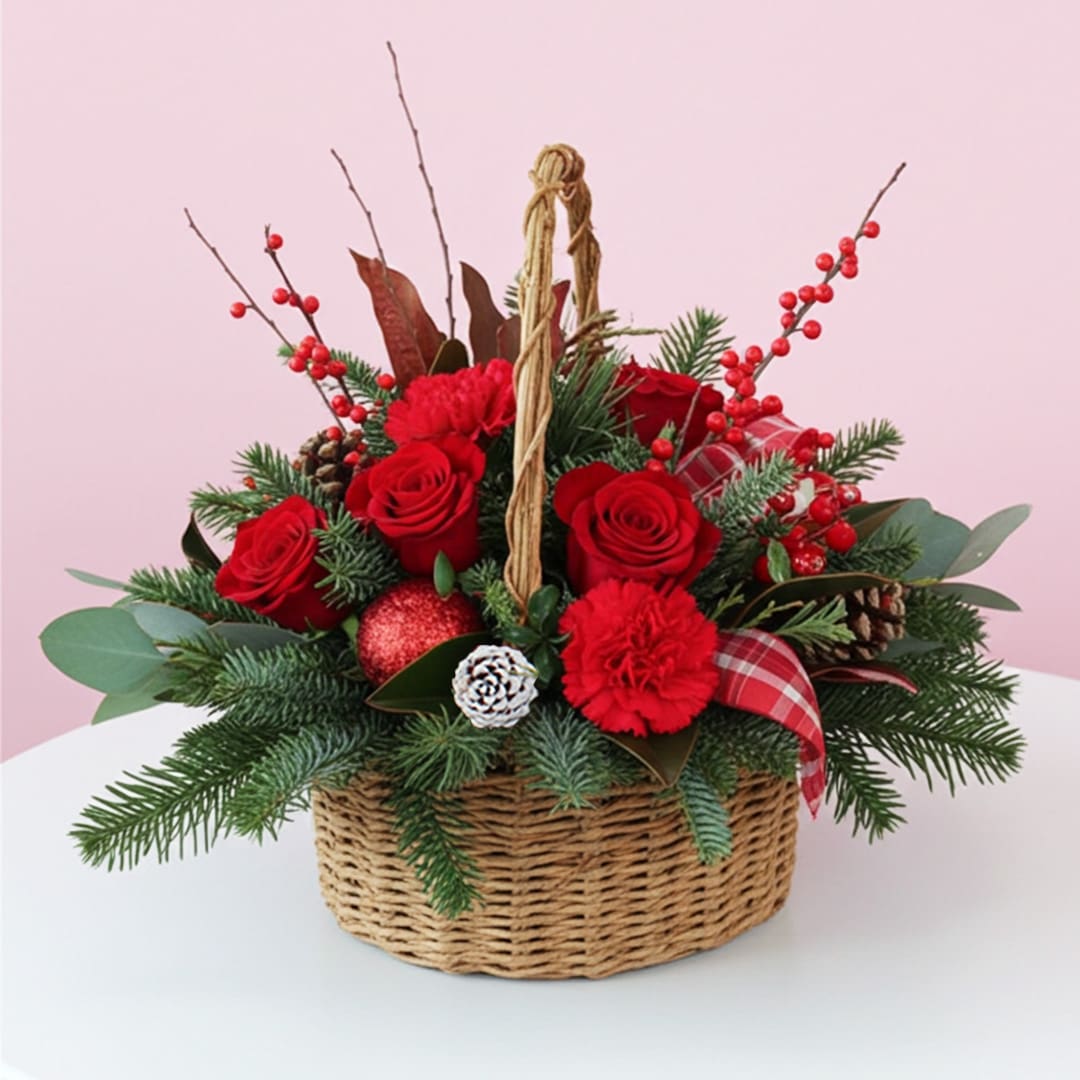 Basket of Fresh Wreath With Decor A decorative basket filled with vibrant red roses and natural pine cones, creating a festive wreath arrangement.