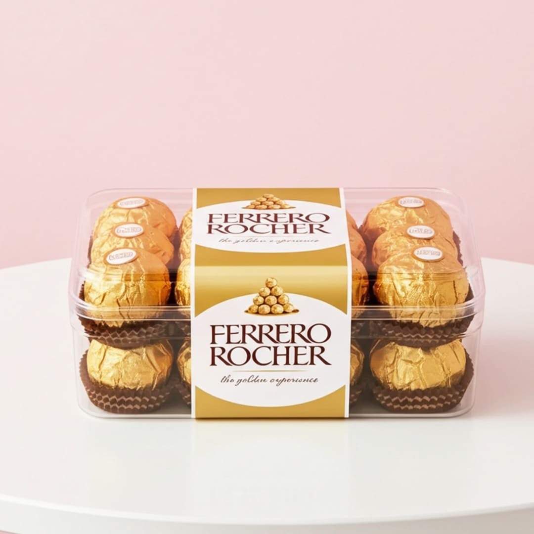 Ferrero Rocher Chocolate Ferrero Rocher chocolates displayed in a clear box, featuring their iconic gold foil and rich, layered design.