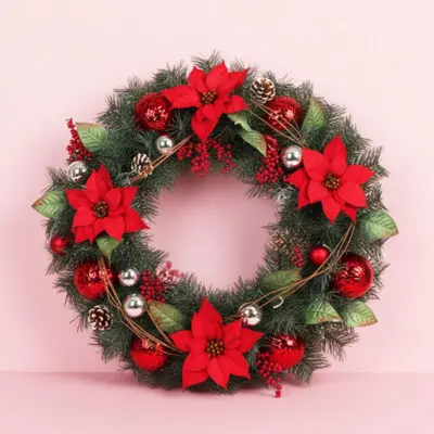Fresh Christmas wreath adorned with poinsettias and red ornaments, set against a soft pink background.