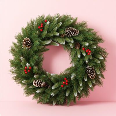Christmas wreath featuring pine cones and berries set against a soft pink background.