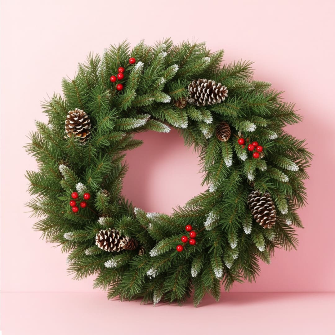 Fresh Christmas Wreath with Silver Decor-01 Christmas wreath featuring pine cones and berries set against a soft pink background.