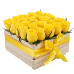 Fresh Yellow Roses designed in a natural wooden box.