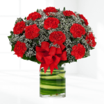 Red carnations with fillers arranged in a glass vase.