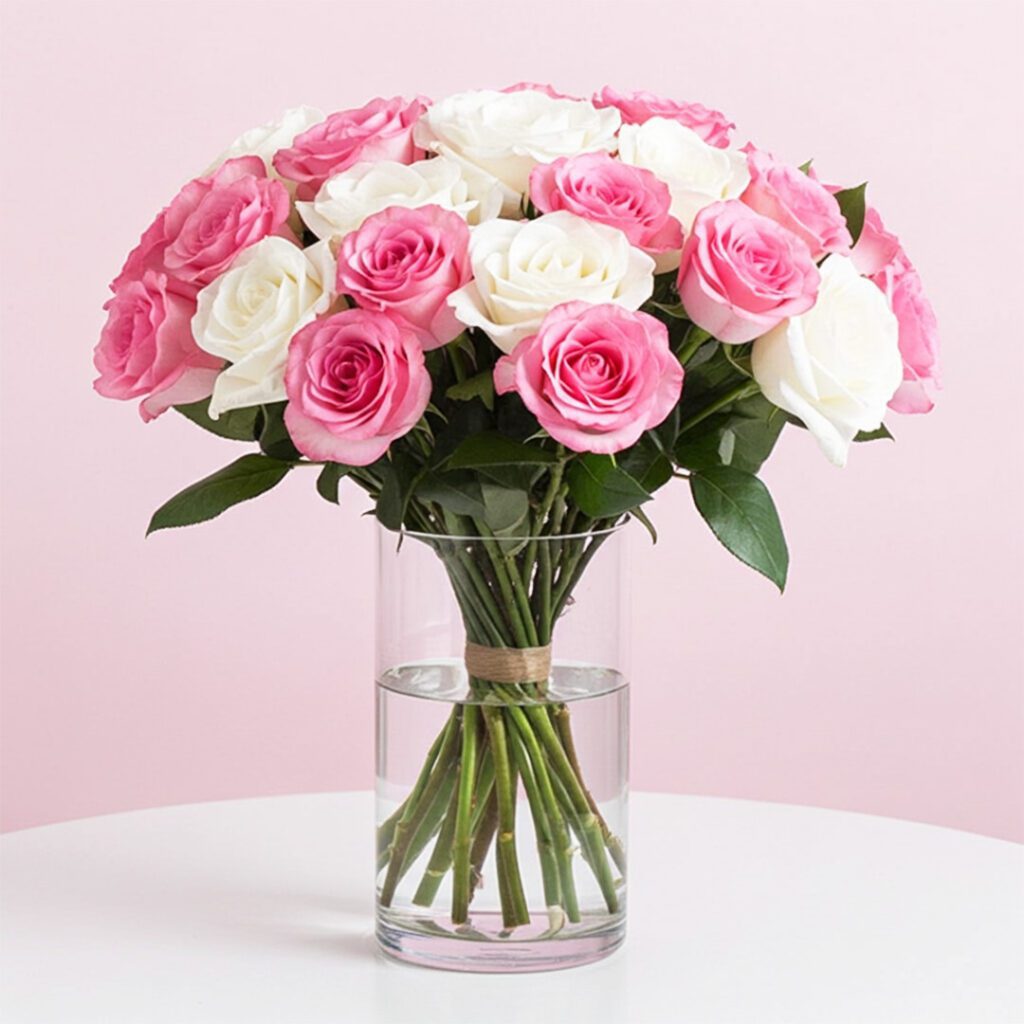 A vase filled with pink and white roses, showcasing a vibrant floral arrangement.