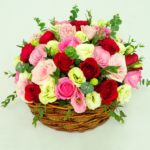 Mix color roses in a wooden basket.