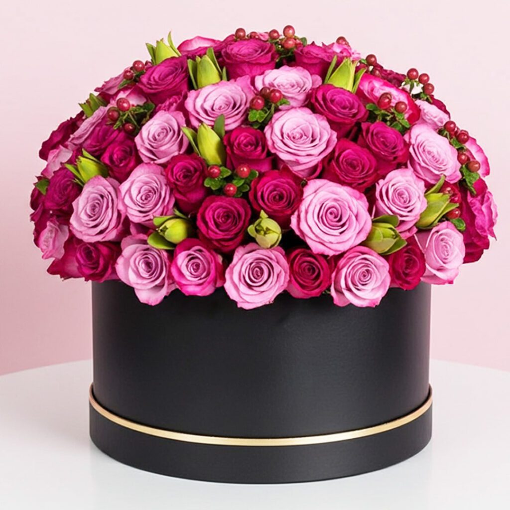 A large black box adorned with vibrant pink and purple roses, creating a striking floral contrast.