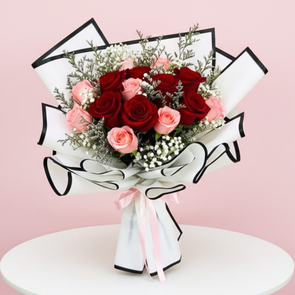 A vibrant bouquet of red and pink roses arranged on a white table, showcasing their lush petals and greenery.