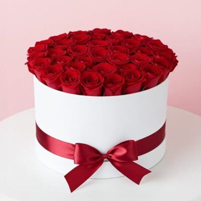 A white box adorned with vibrant red roses on top, creating an elegant floral display.