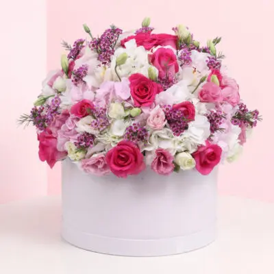 Floral arrangement showcasing 8 dark pink roses, 8 white spray roses, 5 light pink spray roses, and white hydrangeas.