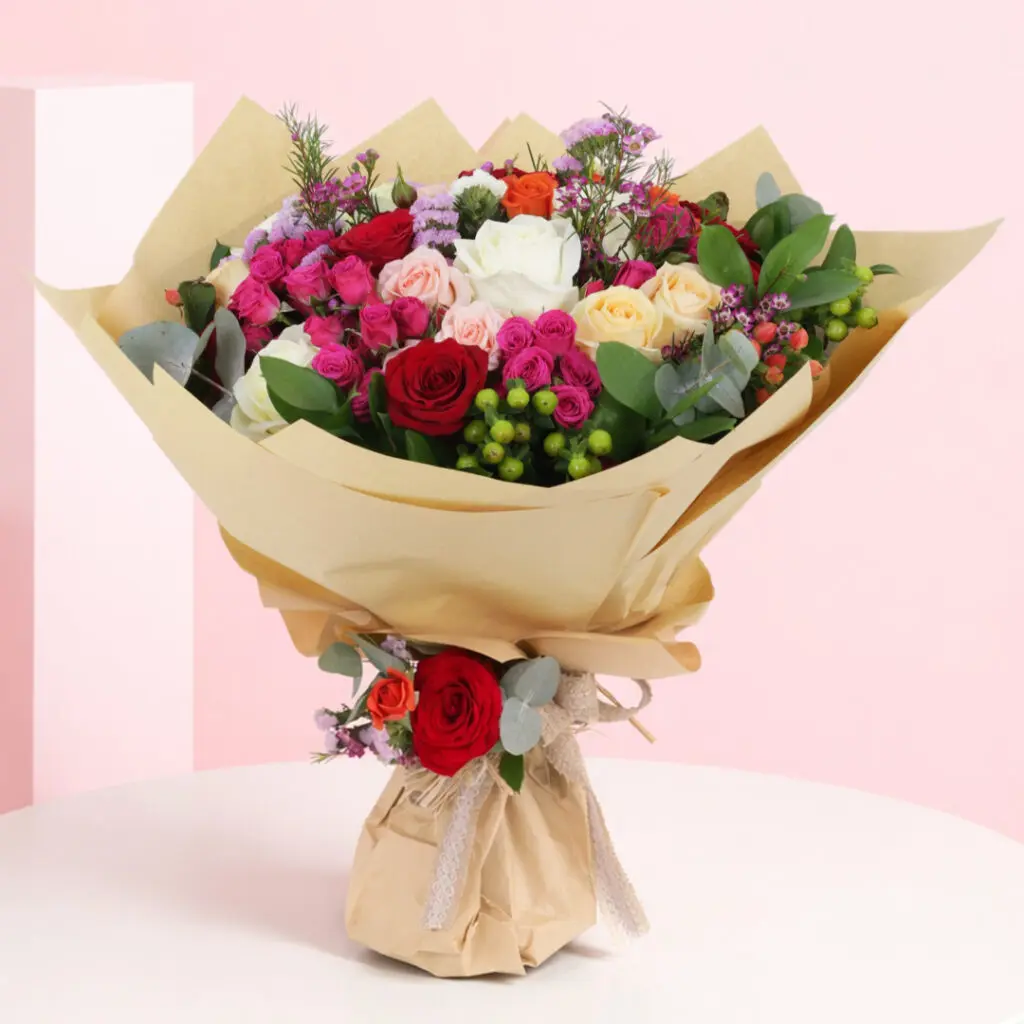 An elegant arrangement of colorful flowers, exuding charm and beauty, ideal for celebrating special moments.