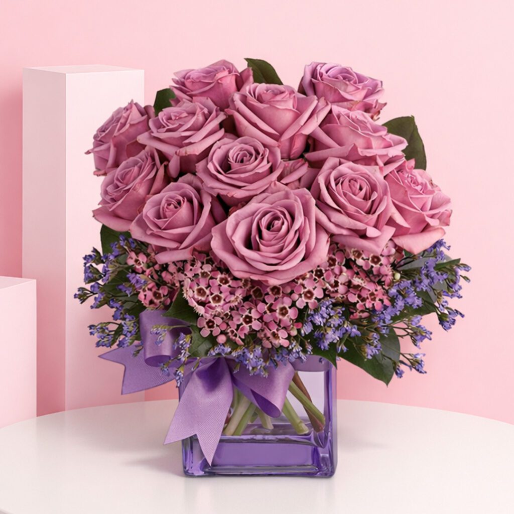 Beautiful Lavender Love Rose arrangement in a glass vase, combining purple roses, wax flowers, and caspia for sophistication.