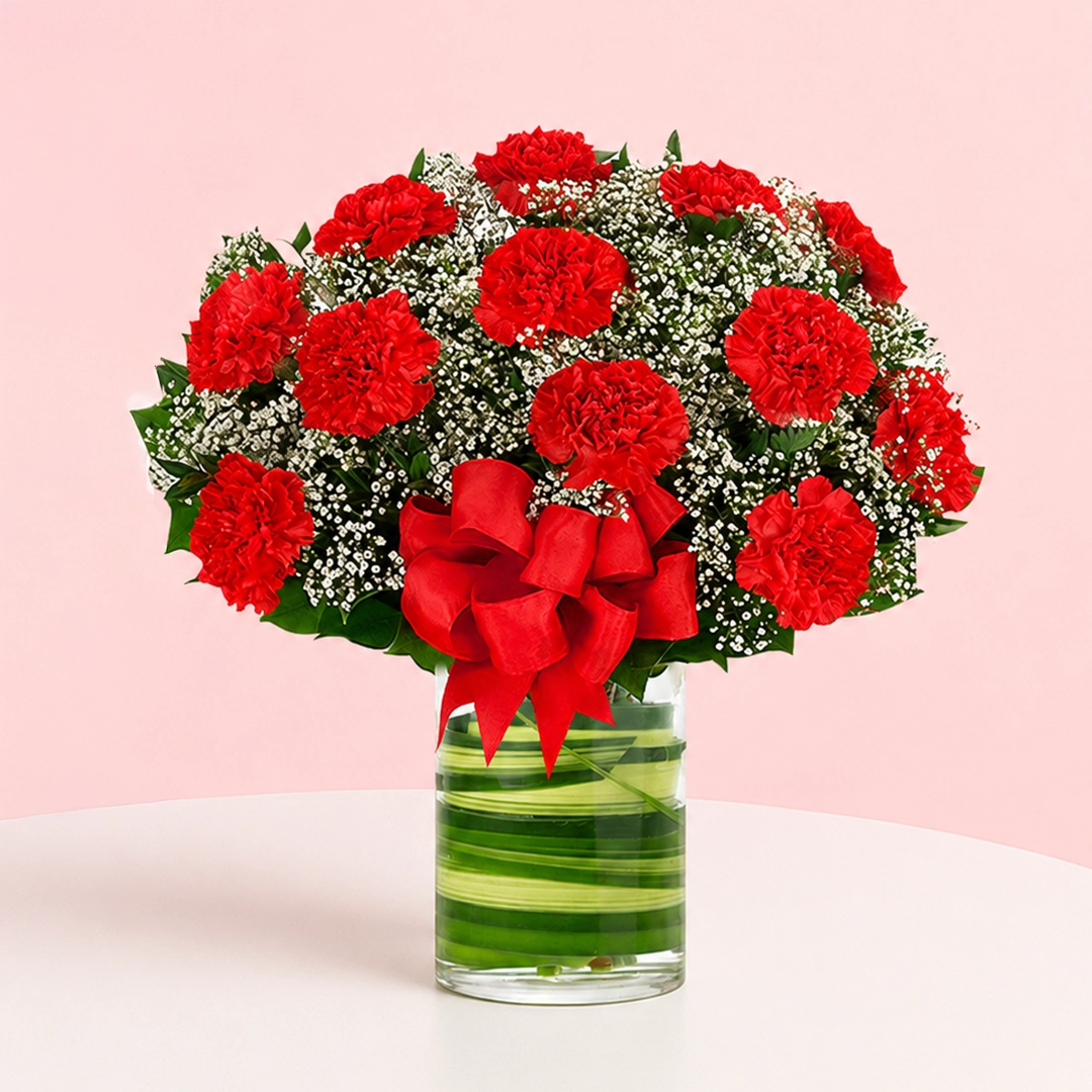 love-begin_2026 A bouquet of 12 red carnations in a chic cylinder vase, accompanied by a thoughtful message card expressing warmth and affection.