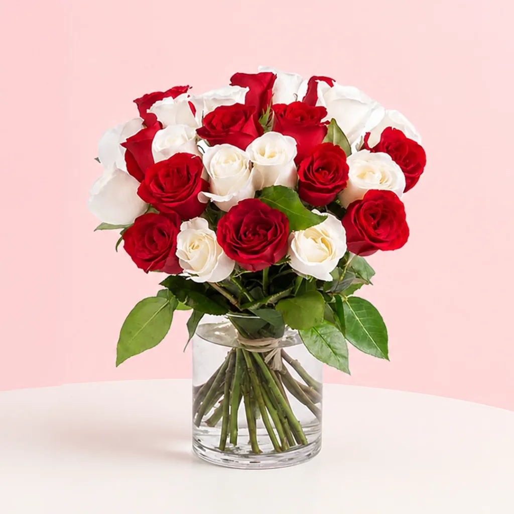 A bouquet of 8 red and 8 white roses in a cylinder vase, accompanied by a heartfelt message card, symbolizing love.