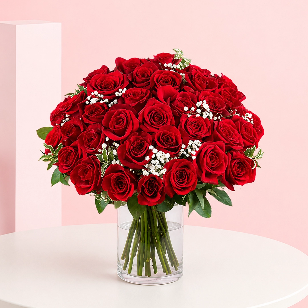 romance-of-35-red-roses-with-vase_2026 A bouquet of 35 red roses arranged in a clear cylinder vase, showcasing vibrant blooms and lush green leaves.