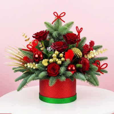 A festive red and green Christmas arrangement in a red box, designed as a gift for the holiday season.