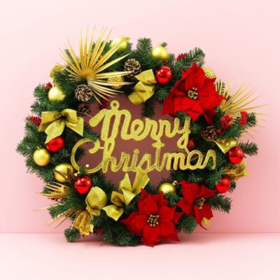 Christmas wreath with "Merry Christmas" text on a pink background, featuring festive decorations and greenery.