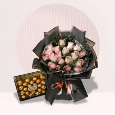 Pink Roses with Ferrero Rocher Chocolate Box