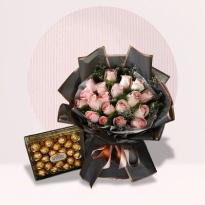 Pink Roses with Ferrero Rocher Chocolate Box