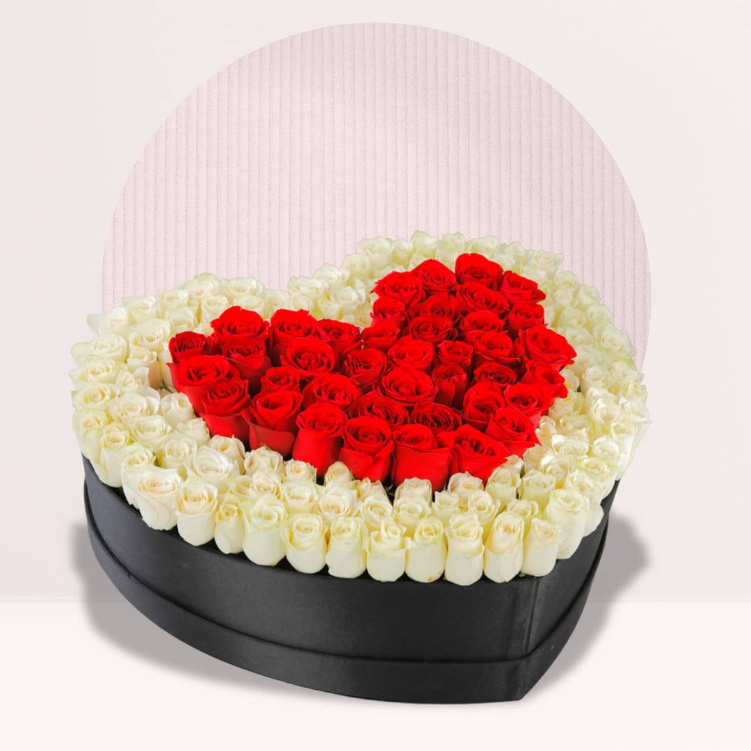 Heart Shape Rose Box White And Red Rose