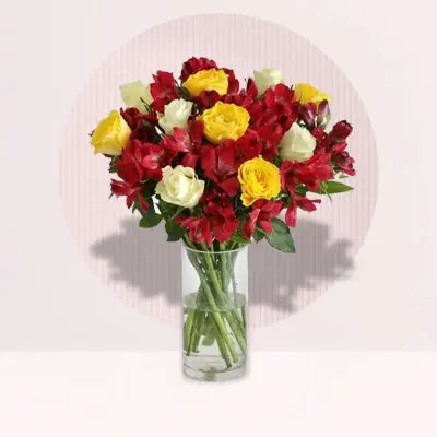 Red and Yellow Roses with Red Alstroemeria