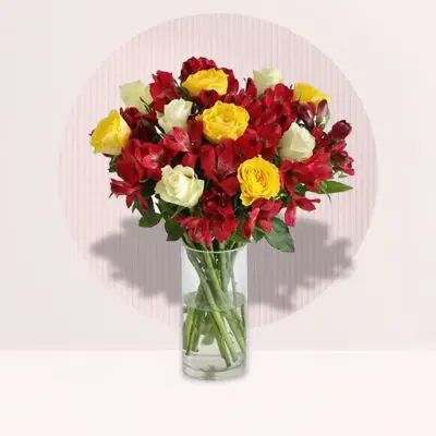 Red and Yellow Roses with Red Alstroemeria