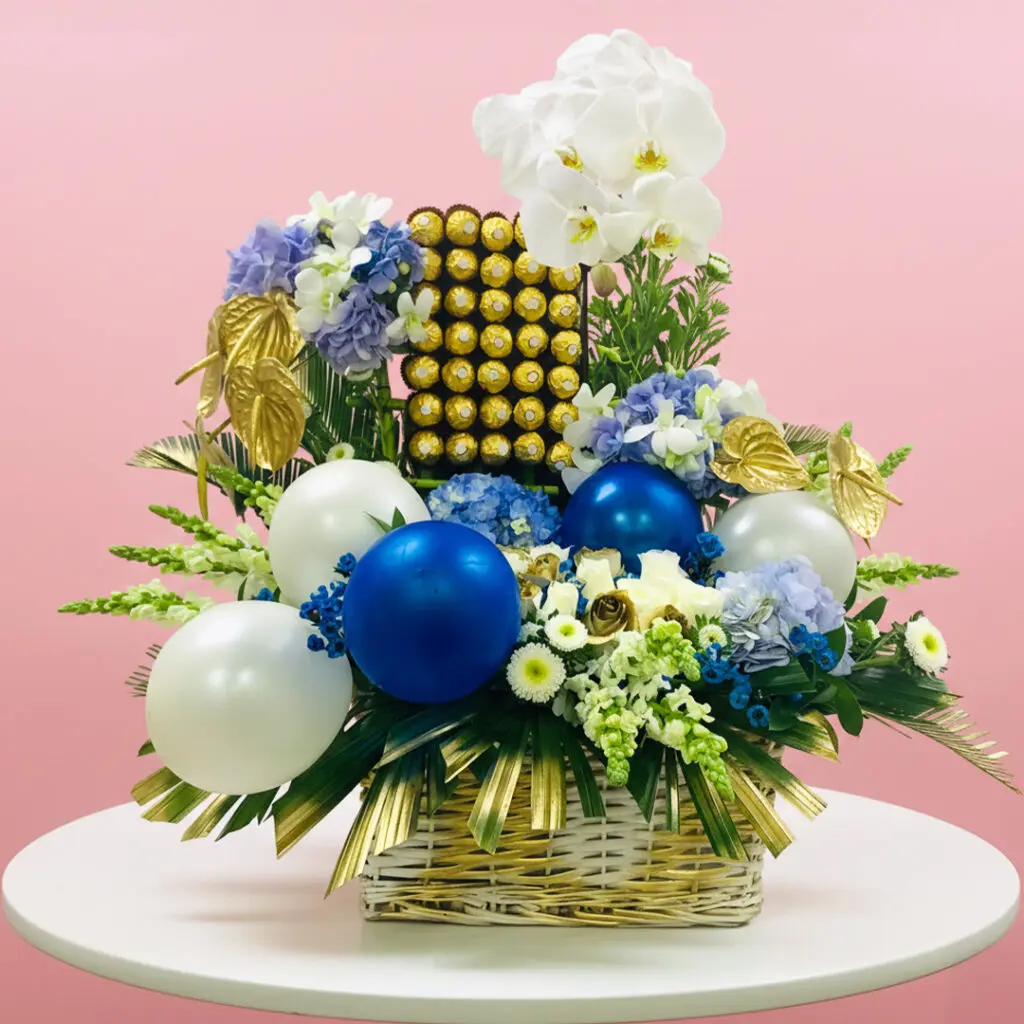 A basket filled with blue and white flowers alongside colorful balloons, creating a festive and cheerful display.