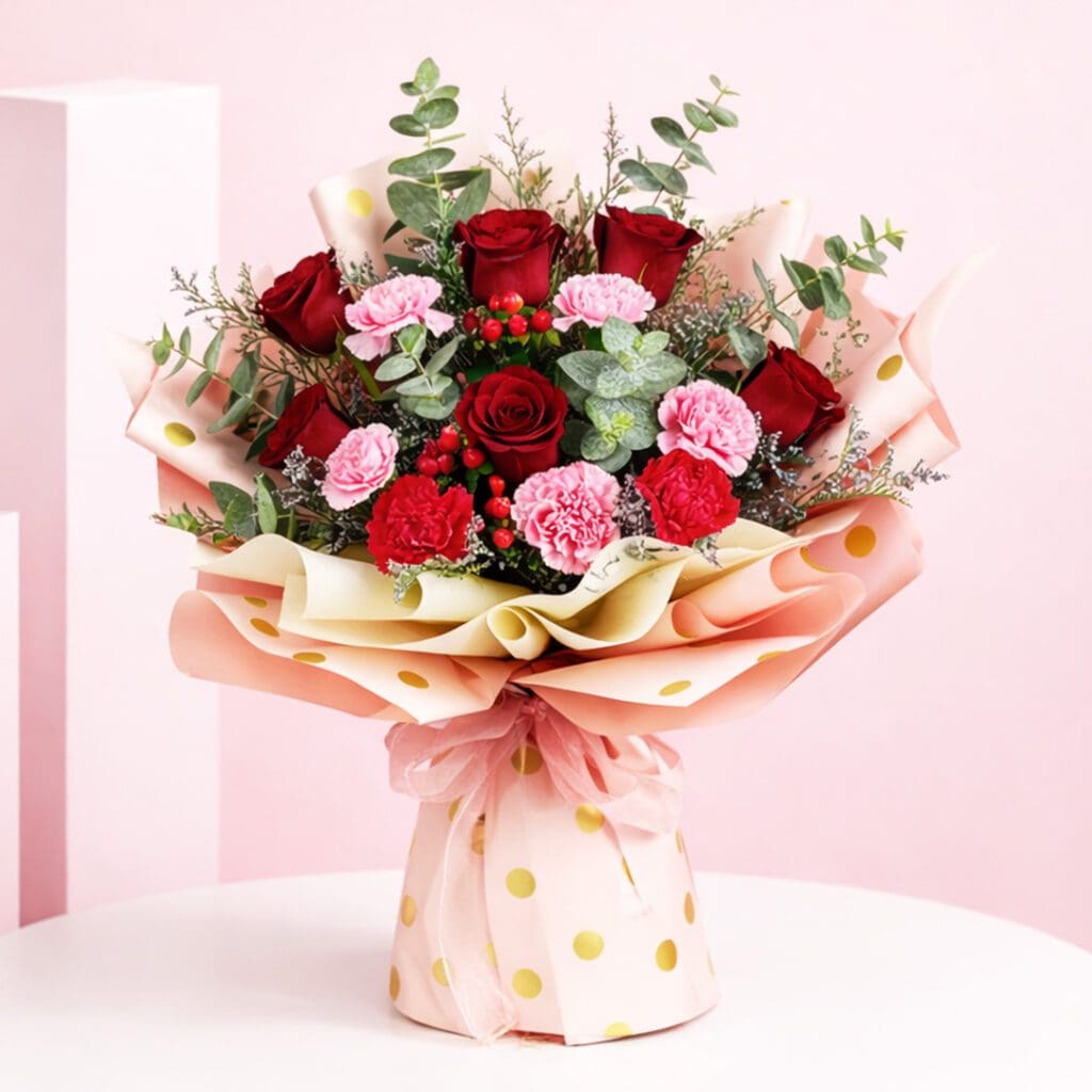 A vibrant bouquet featuring 5 assorted roses and 5 carnations, showcasing delicate petals and bright colors to uplift spirits.