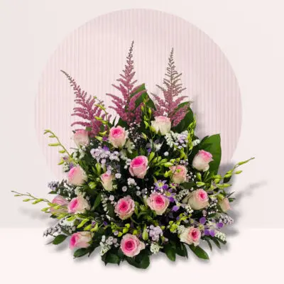 Blushing Pink Roses with Lavender Blooms