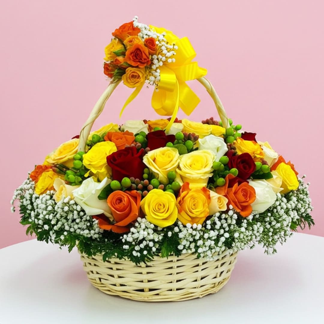 Harmony of Hues Rose Basket-14-10 A woven basket filled with vibrant yellow and orange roses, showcasing their lush petals and natural beauty.