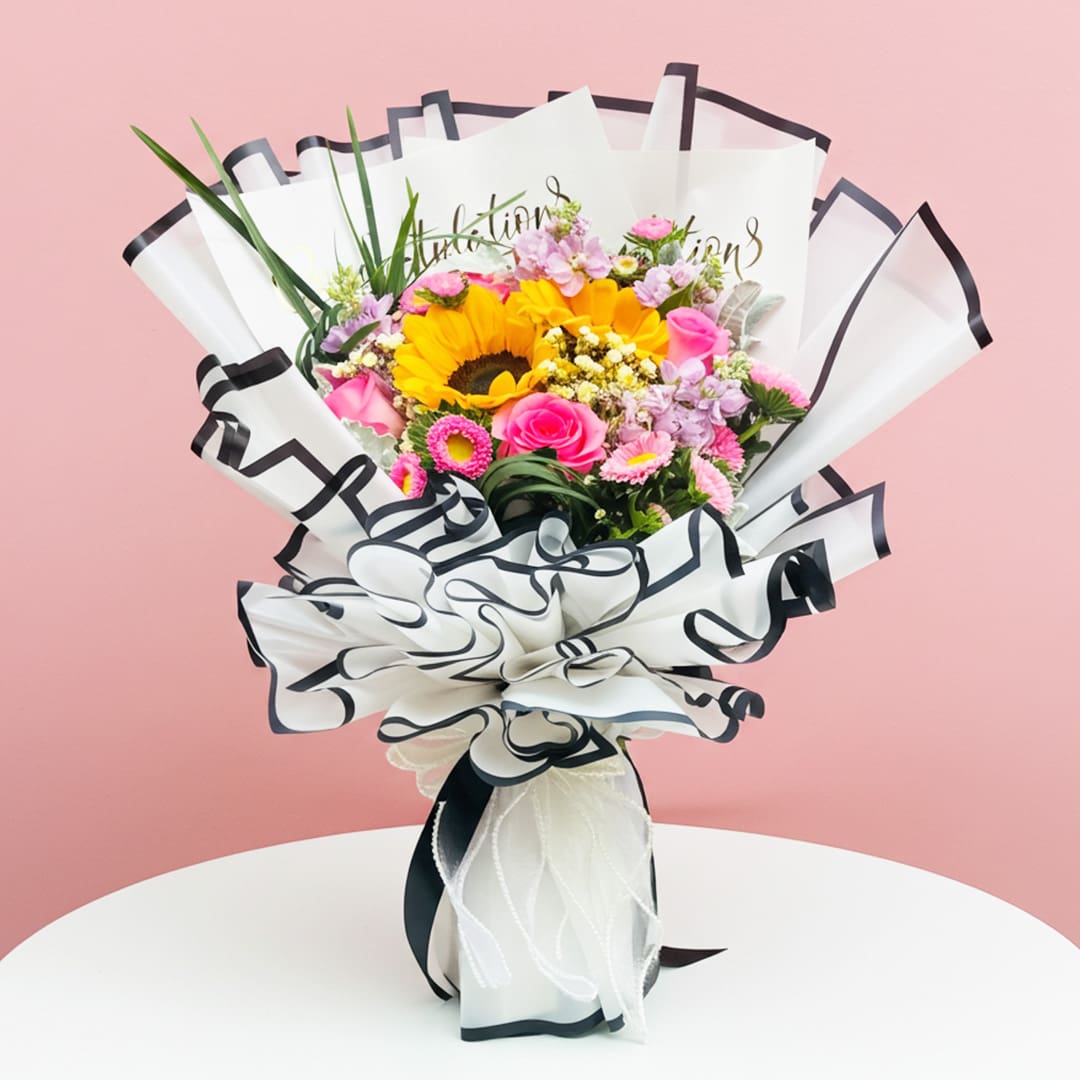 Cheerful Achievement Bouquet-01 A colorful bouquet of flowers accompanied by a greeting card, placed elegantly on a wooden table.