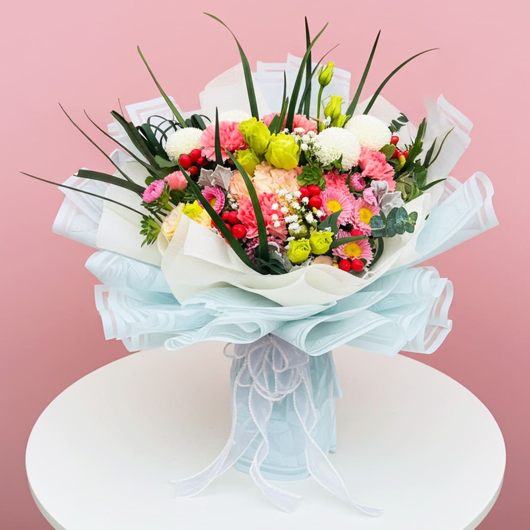 Enchanted Blossom Fusion-01 A vibrant bouquet of flowers arranged on a table, set against a soft pink background.