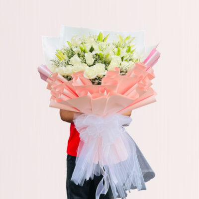 buy white bouquet of roses and lilies online