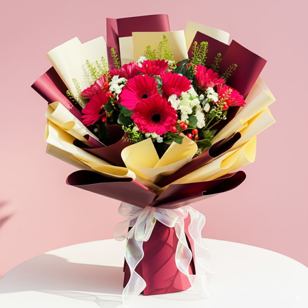 Crimson Gerbera Bouquet-01 A vibrant bouquet of red and white flowers set against a soft pink background.