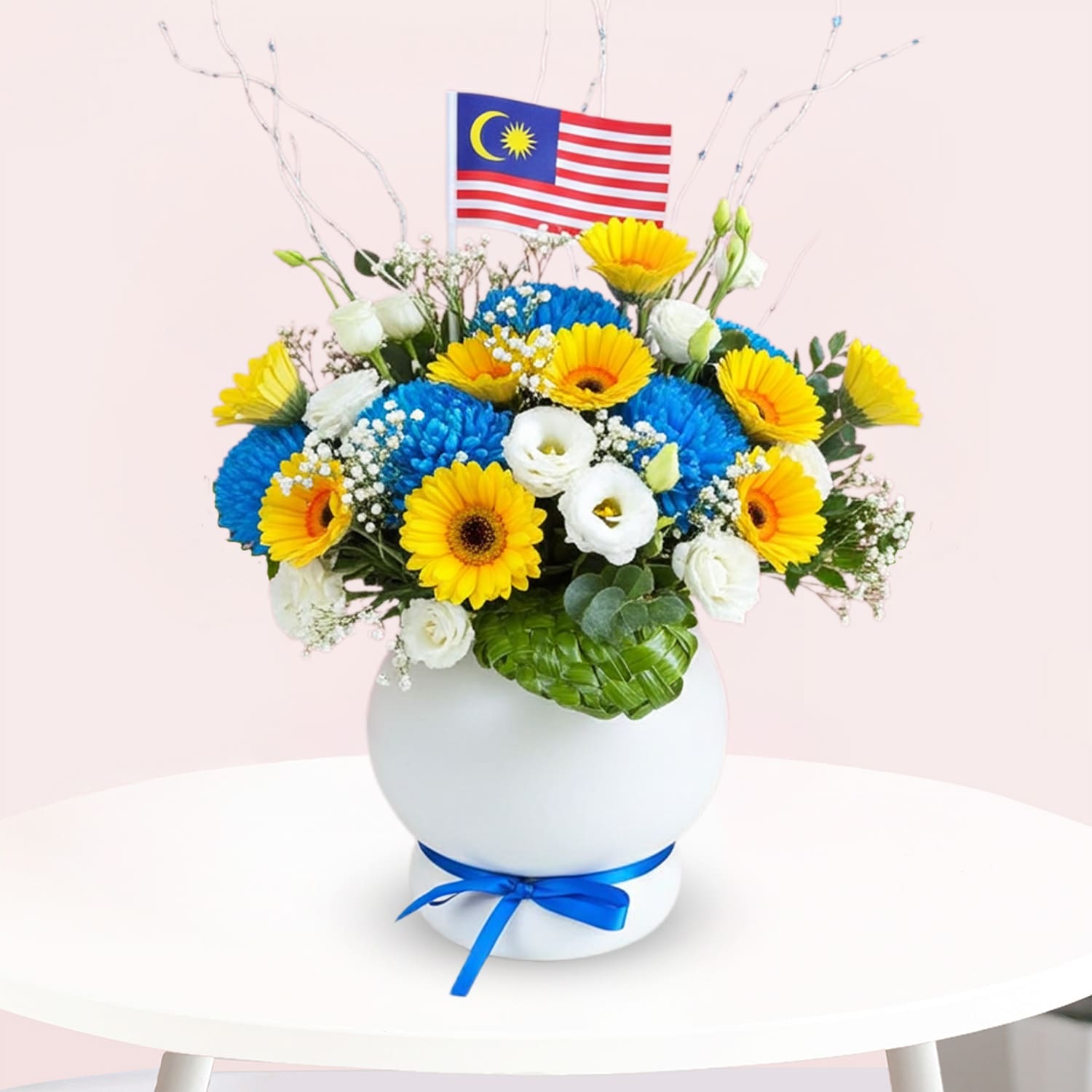 Harmony Bloom Vase-01-08-25 A white vase adorned with a blue ribbon, elegantly showcasing its decorative design.