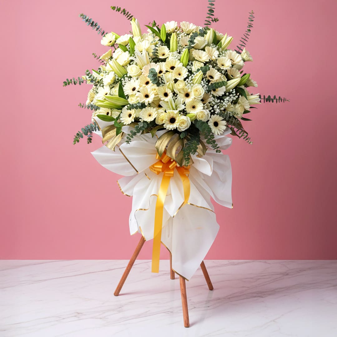 Peaceful Blossoms Sympathy Stand A stand displaying a white flowers for sympathy and funerals