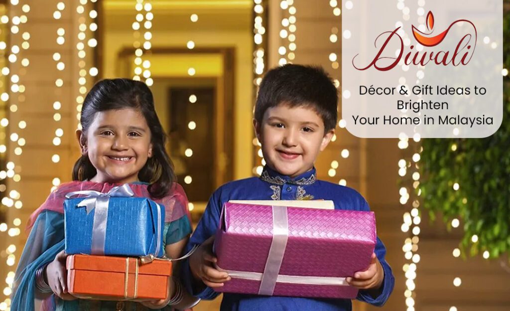 deepavali decor banner two childrens holding present