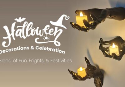 A Halloween banner with the text "Halloween Decorations & Celebration: A Blend of Fun, Frights, & Festivities." The banner features three black hands holding candles against a beige background.