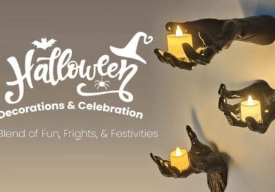 A Halloween banner with the text "Halloween Decorations & Celebration: A Blend of Fun, Frights, & Festivities." The banner features three black hands holding candles against a beige background.