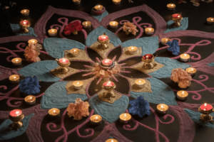 A vibrant rangoli design on the floor, surrounded by lit candles and diyas. The rangoli features intricate patterns and colors, with flowers and other decorative elements.