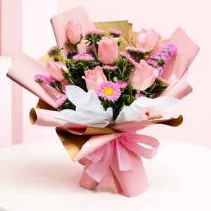 A bouquet of pink and purple roses arranged in a brown paper bag, showcasing soft elegance and charm.