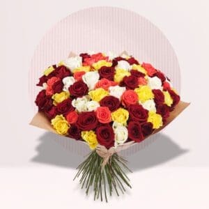 A large bouquet of assorted roses in red, yellow, and white, wrapped in brown paper.